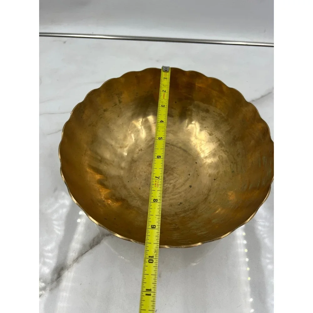 Vintage Scalloped Brass Bowl Made in Korea Hammered Gold Centerpiece 9.75 inch